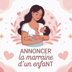 Annoncer la marraine illustration femme bébé cœurs étoiles ambiance douce