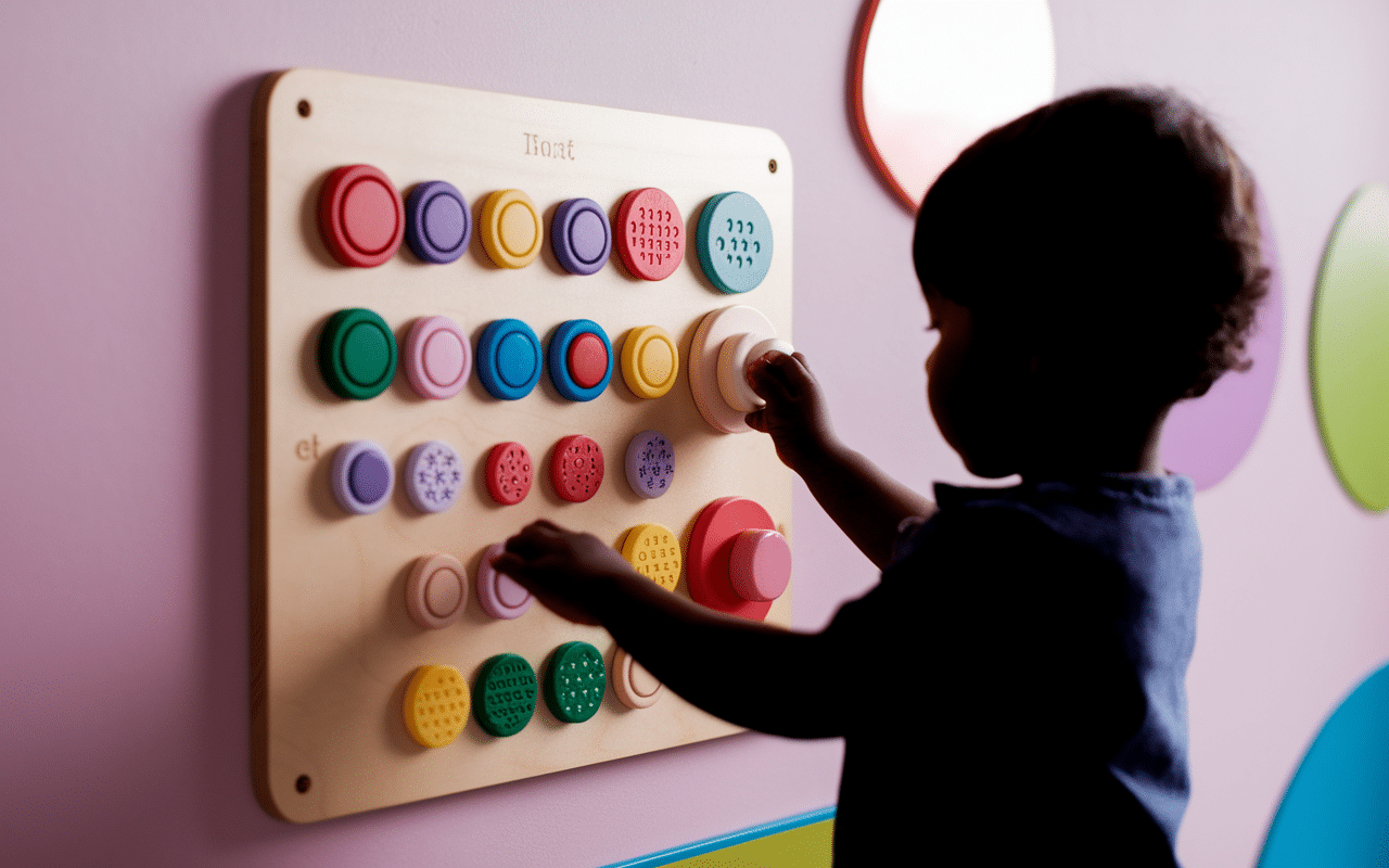 enfant jouant sur busy biard montessori sensoriel