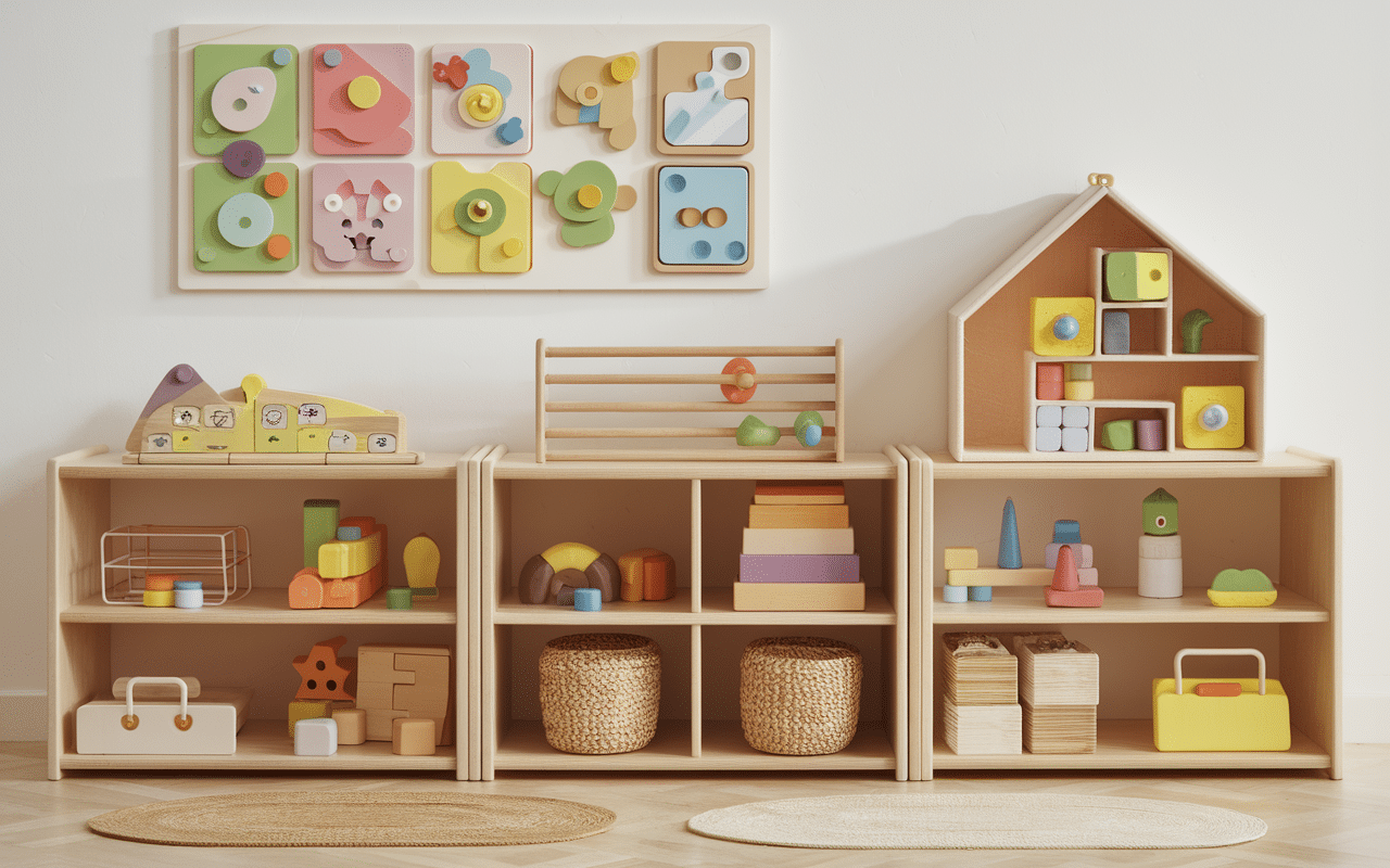 Jeux montessori 18 mois organisés étagères bois