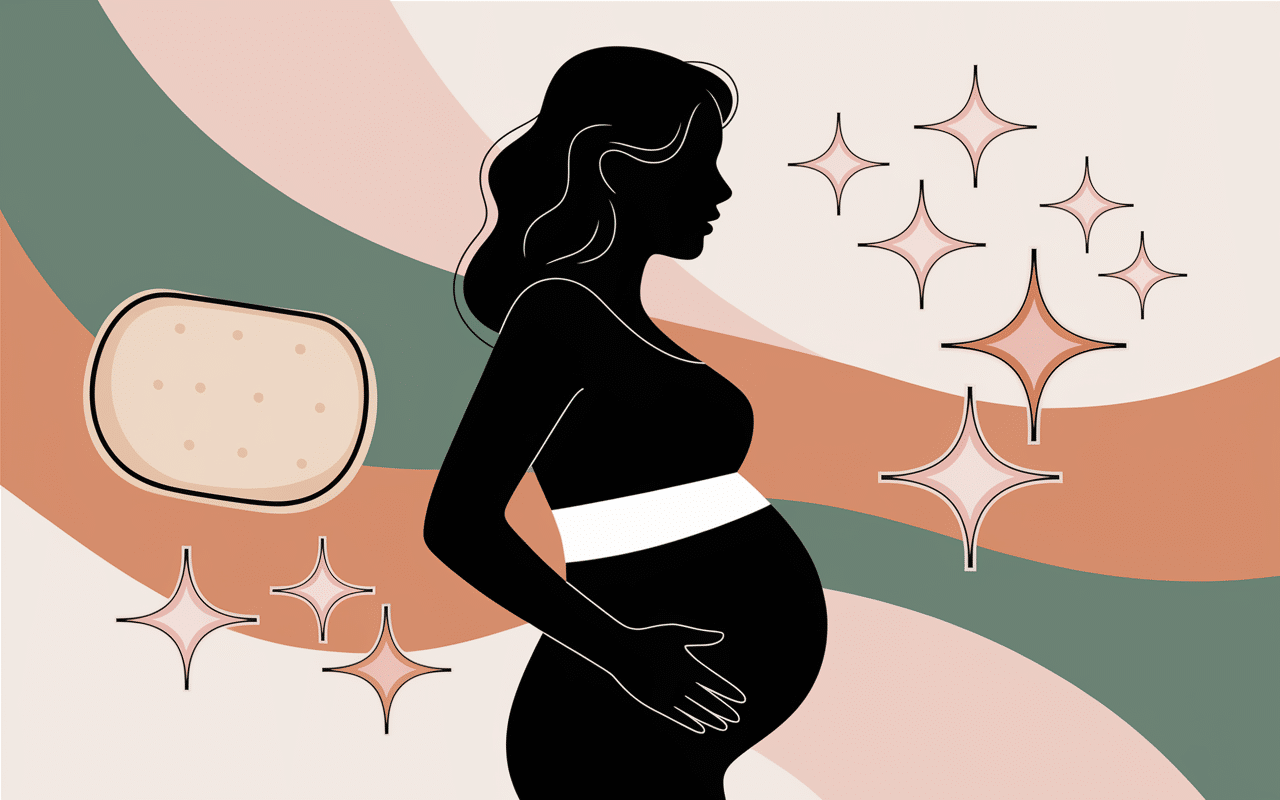 Silhouette femme enceinte avec bandeau grossesse et icônes confort