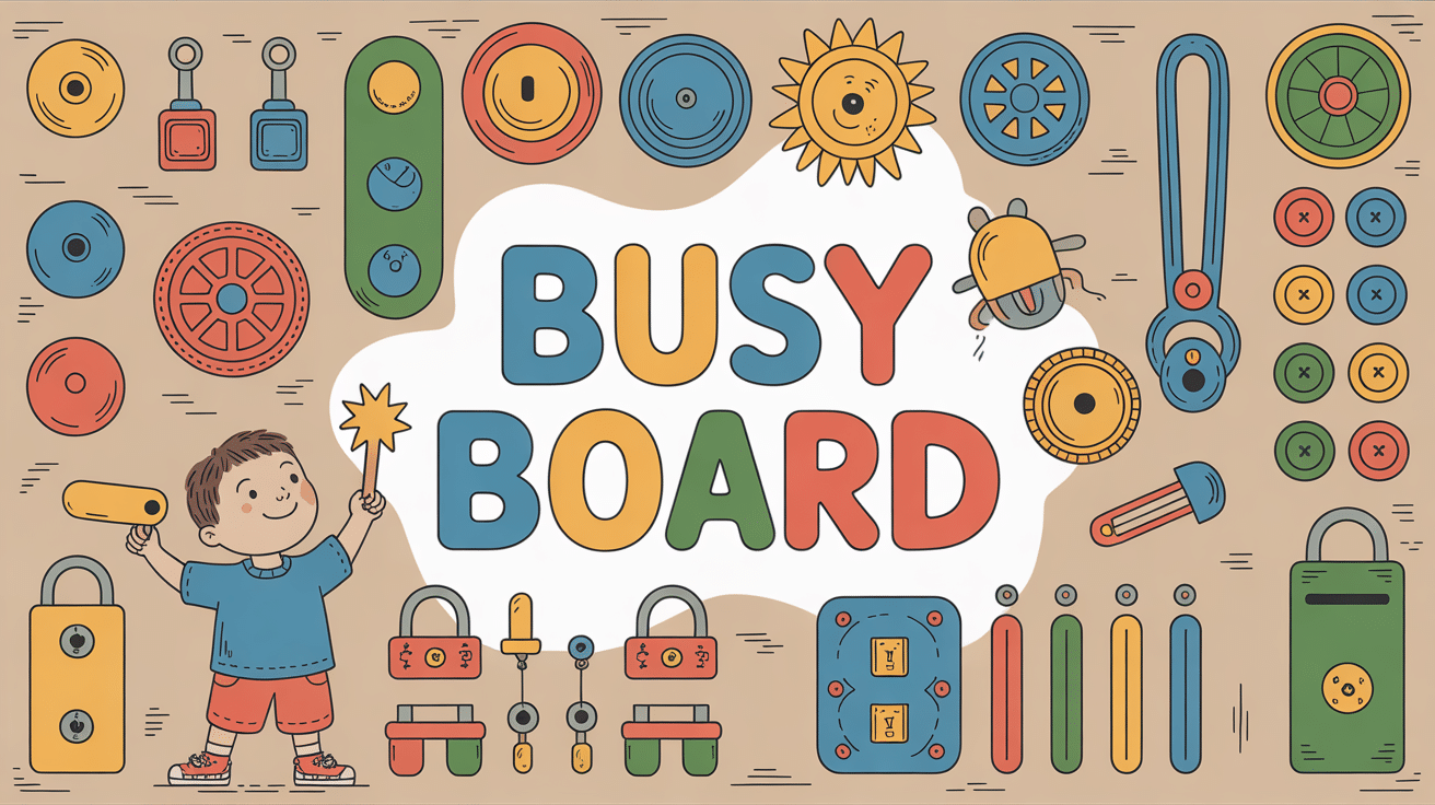 Enfant qui joue avec un busy board coloré