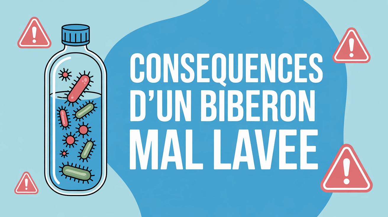 Illustration biberon transparent avec bactéries et avertissement