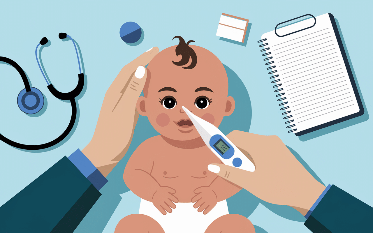 Parent surveille bébé fièvre tête chaude corps froid thermomètre