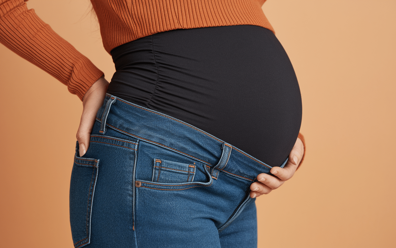 Coupe technique jean de grossesse bandeau élastique et tissu stretch