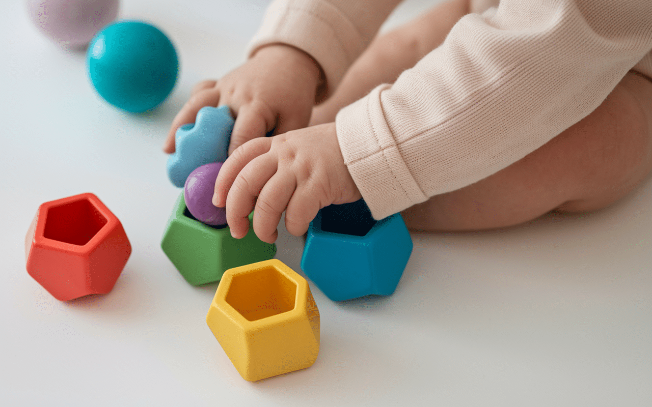 mains bébé jeux motricité fine objets colorés