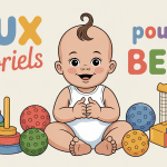 Jeux sensoriel bebe entouré de hochets, balles, instruments en tons pastel