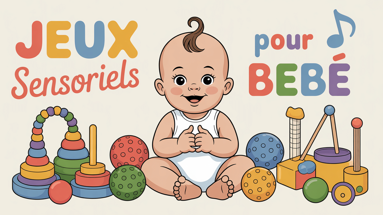 Jeux sensoriel bebe entouré de hochets, balles, instruments en tons pastel