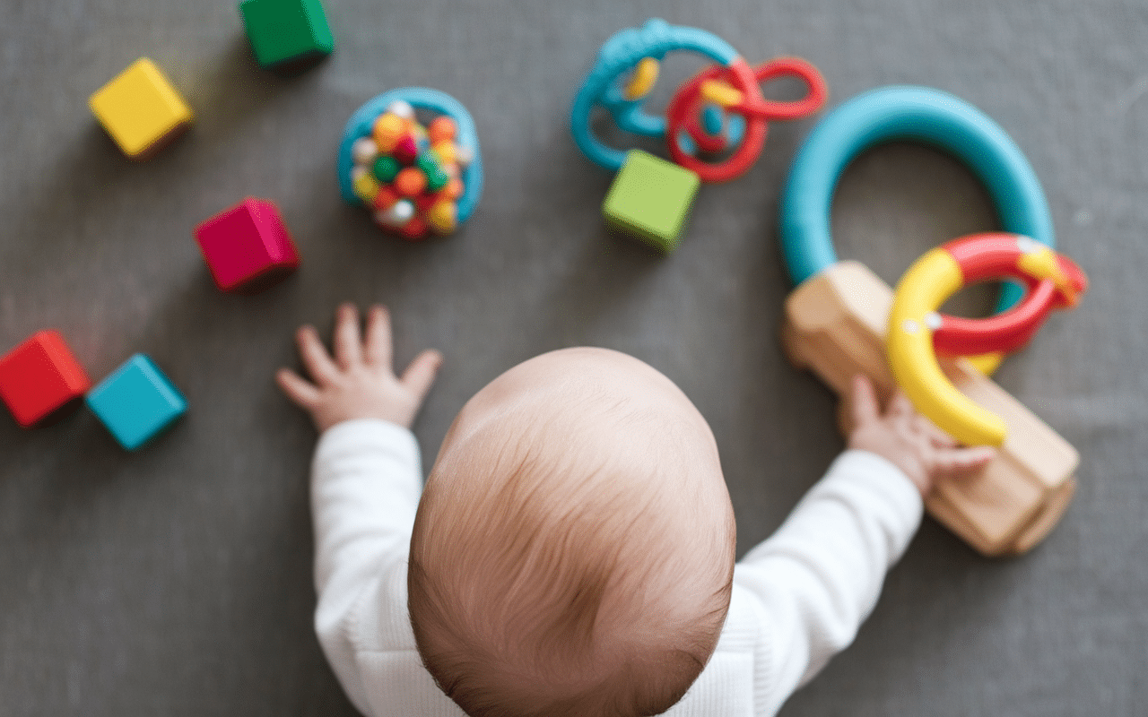 bébé joue avec jouet bébé 6 mois sensoriel