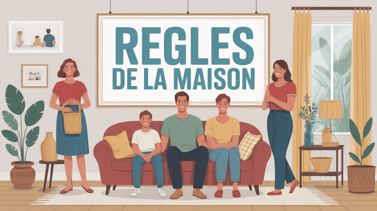 Famille heureuse salon règles de la maison affichées