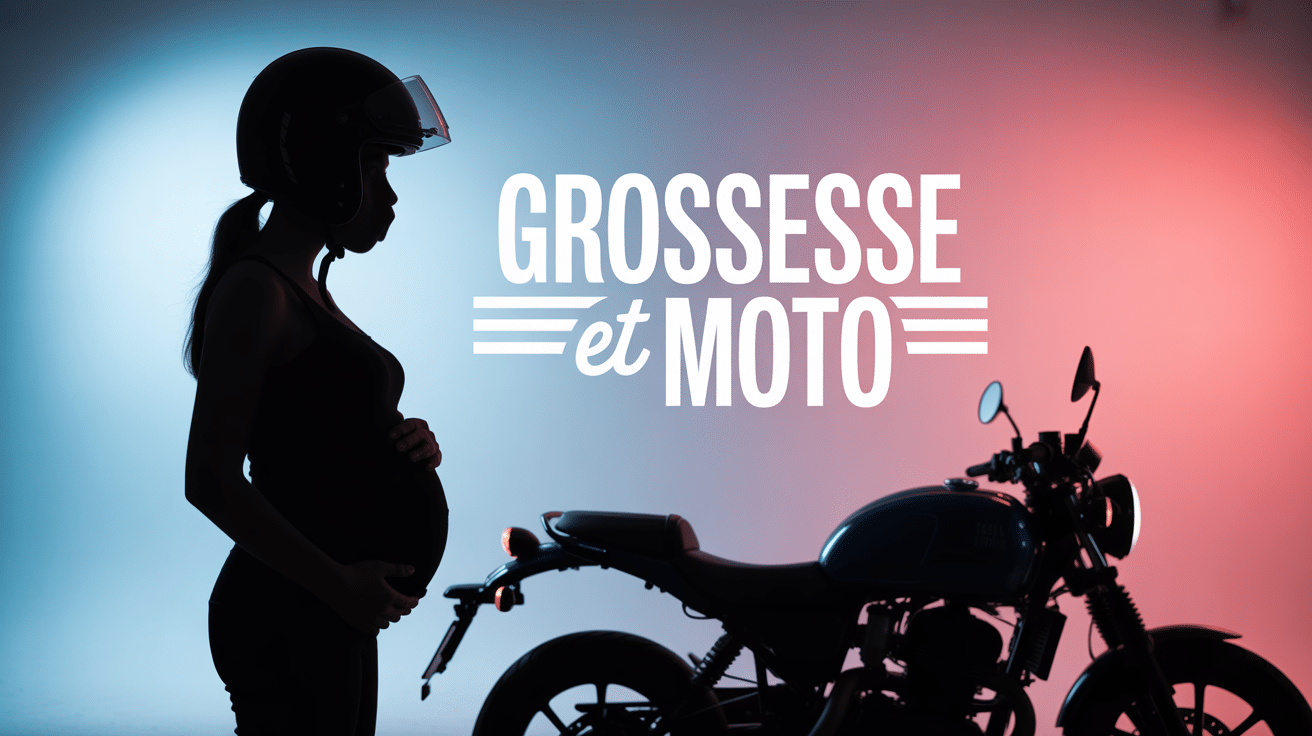 femme enceinte à côté d'une moto avec casque