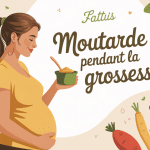 femme enceinte avec pot de moutarde et ingrédients naturels