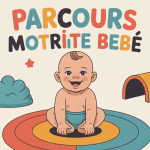 Illustration parcours motricité bébé sur tapis avec coussins et tunnels