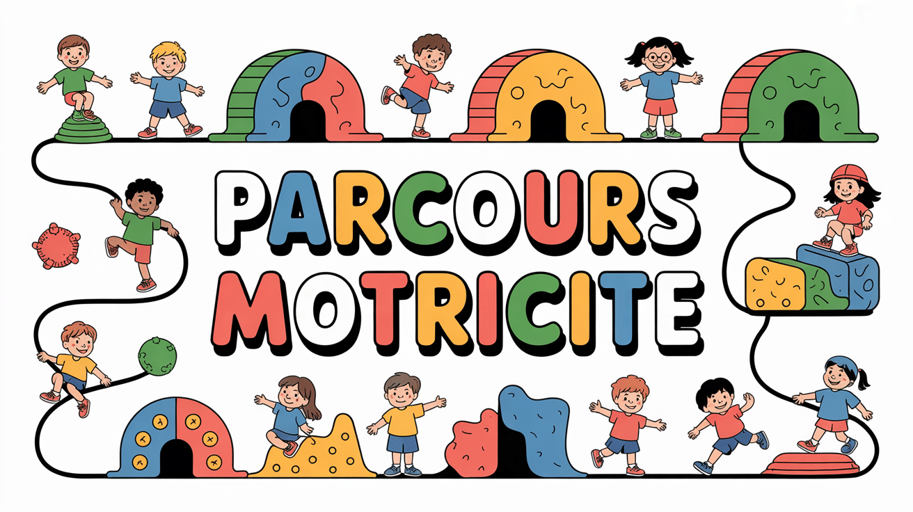 Enfants sur parcours motricité modules mousse tunnels poutres obstacles