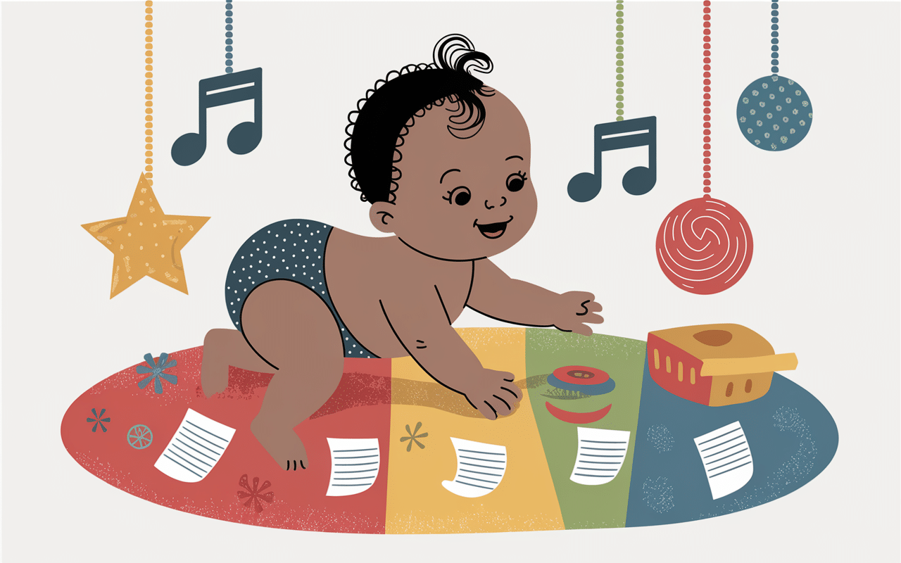 Bébé en mouvement sur tapis musical bébé notes couleurs
