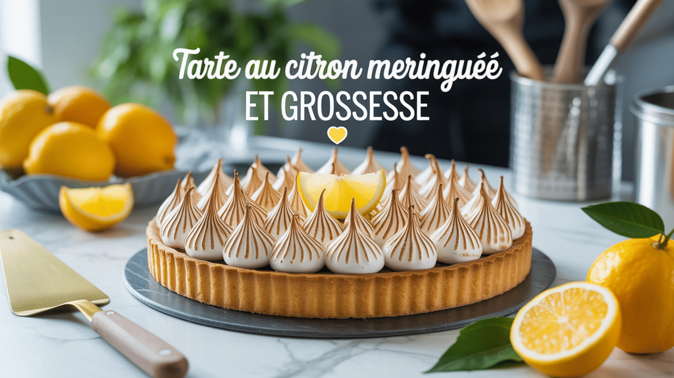 tarte citron meringuée enceinte sur plan de travail