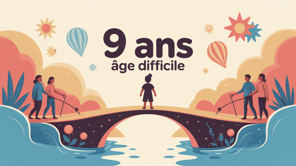 Illustration 9 ans âge difficile, pont entre deux rives, parents rassurants