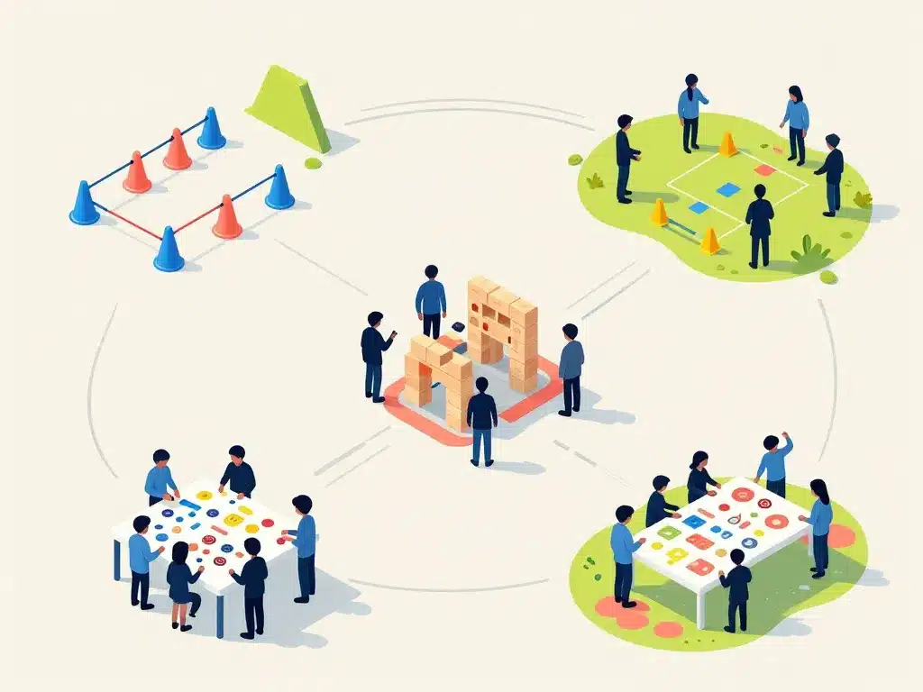 Scene isometrique de stations de jeux cooperatifs et creatifs pour la fete des garcons 2025