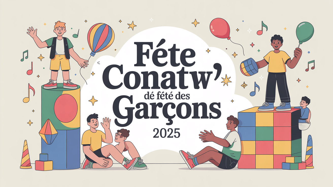 Illustration inclusive de la fete des garcons 2025 avec garcons de differents ages en jeux et creations