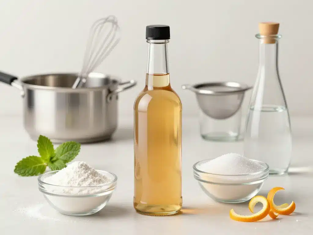 Ingrédients, gomme arabique, sucre, eau, outils pour julep gommeux