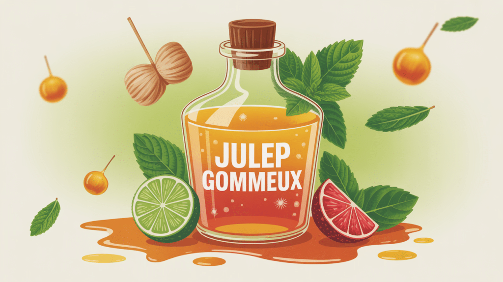 julep gommeux en flacon, sirop ambré, menthe, agrumes et épices