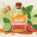 julep gommeux en flacon, sirop ambré, menthe, agrumes et épices