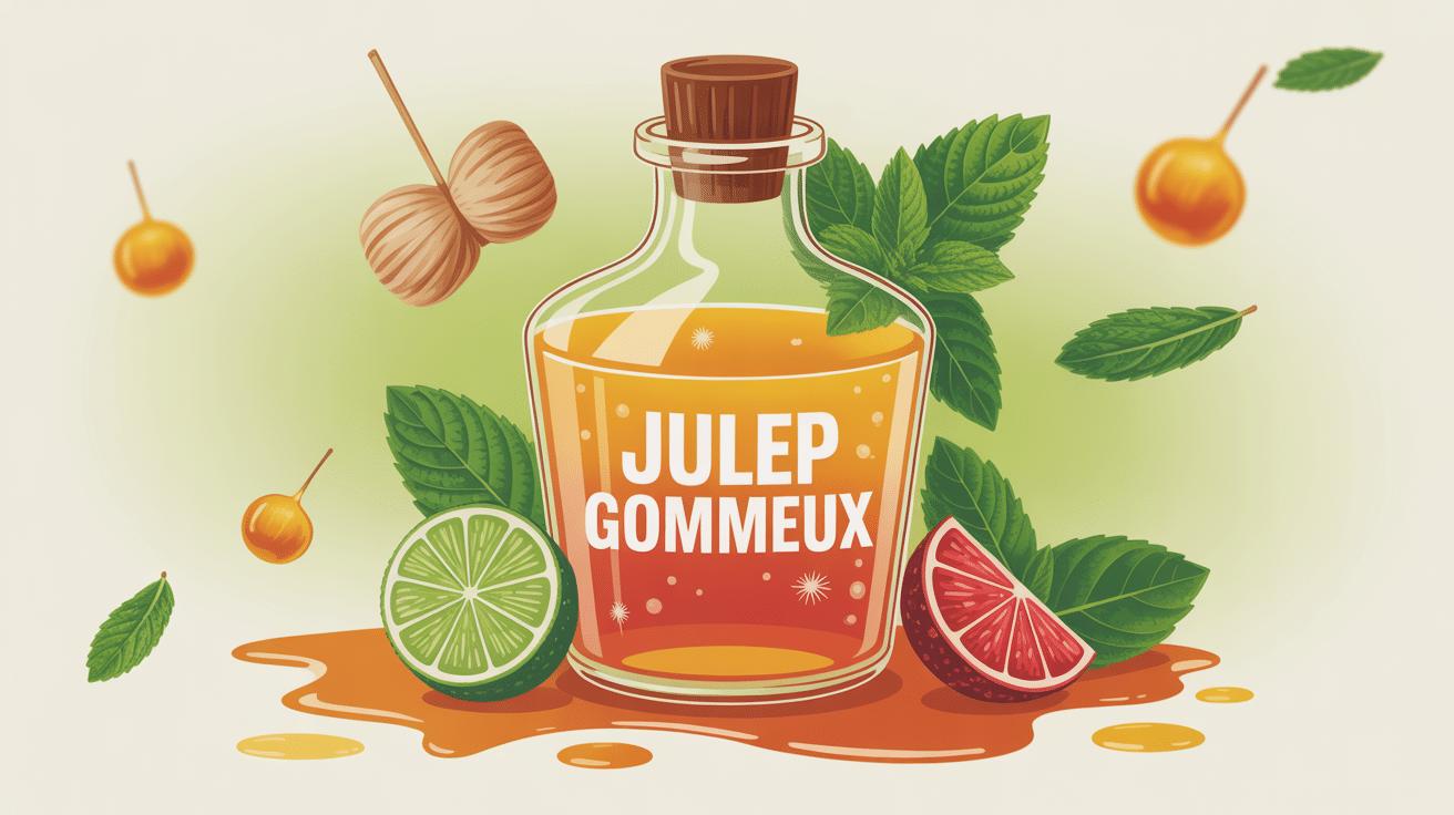 julep gommeux en flacon, sirop ambré, menthe, agrumes et épices