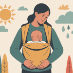 Illustration manteau de portage toutes saisons avec parent et bébé