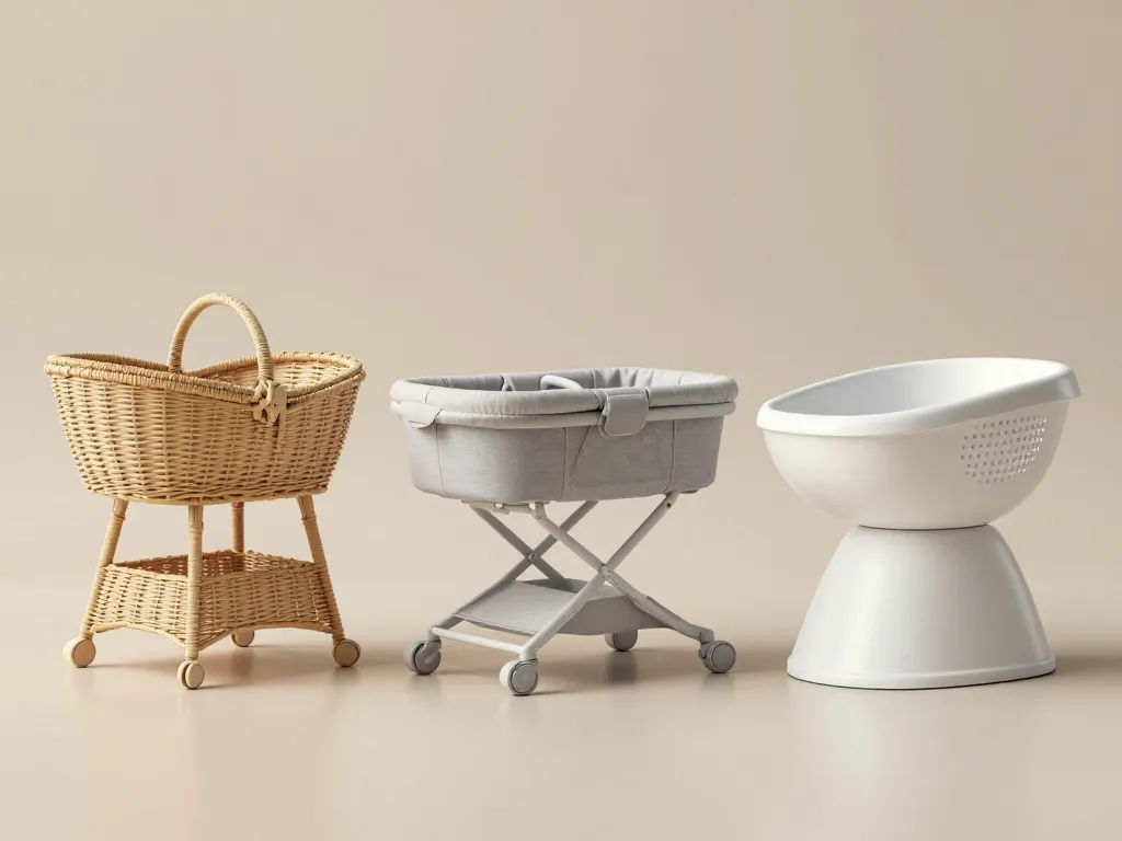 Trois modèles de couffins pour bébé côte à côte : osier, tissu et plastique
