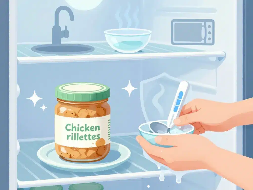 Frigo, cuillère propre et mains lavées pour rillette de poulet enceinte