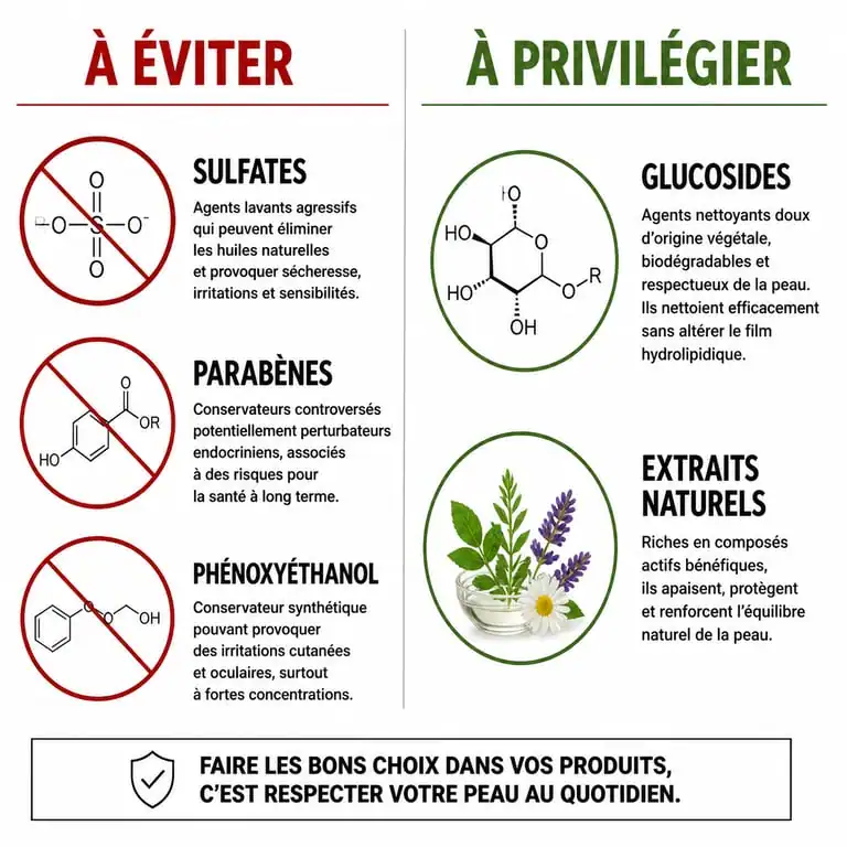 Infographie comparative des ingrédients à éviter et à privilégier dans le meilleur shampoing pour bébé