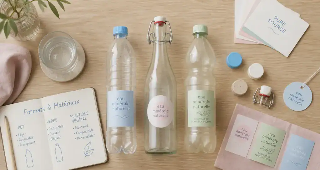 Bouteille d eau vide en verre PET végétal sur table
