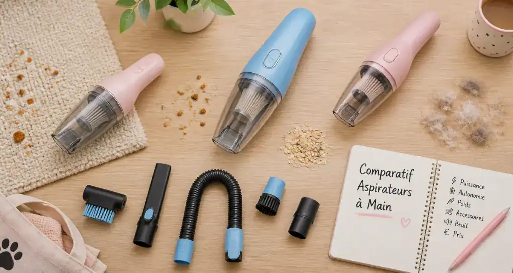 Comparatif aspirateur à main avec accessoires sur table