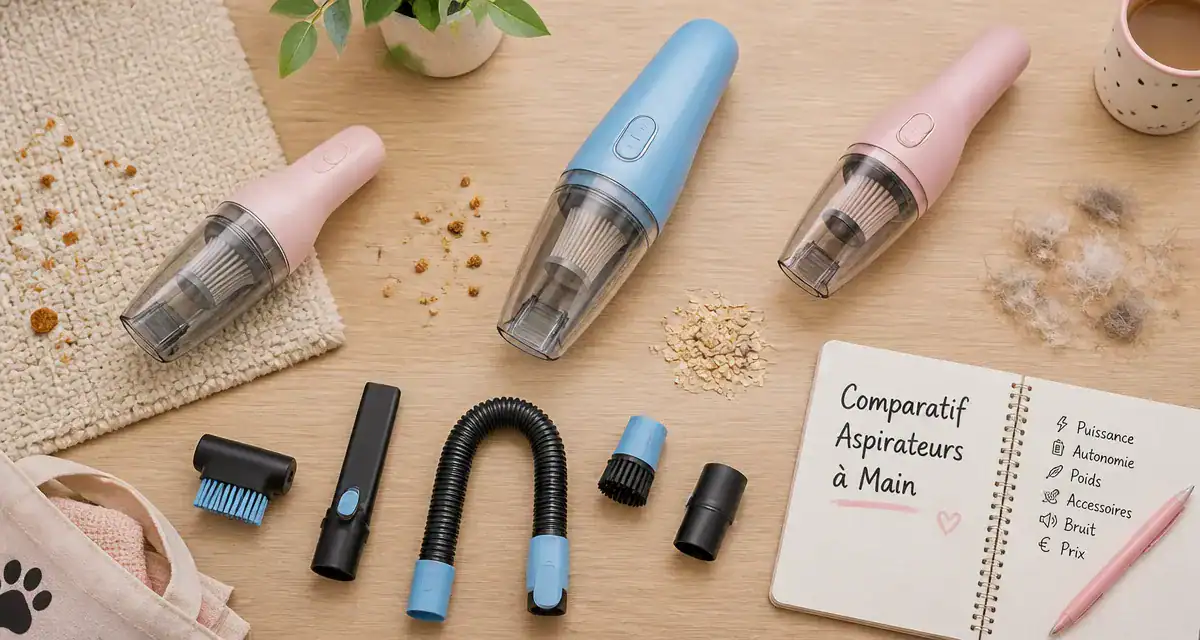 Comparatif aspirateur à main avec accessoires sur table