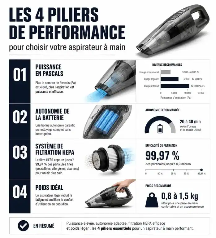 Infographie comparative des critères de choix pour un aspirateur à main performant