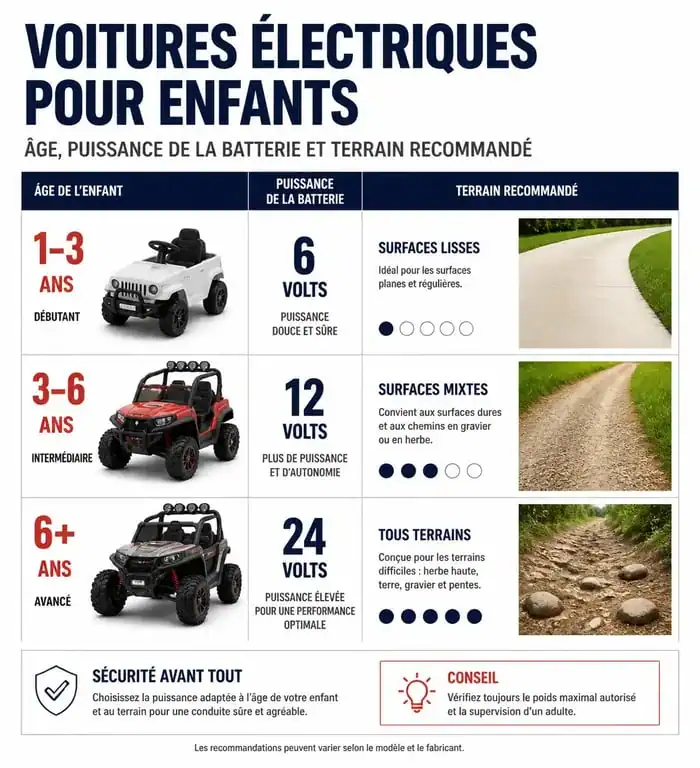 Infographie comparative des voitures électriques pour enfants selon l'âge et la puissance