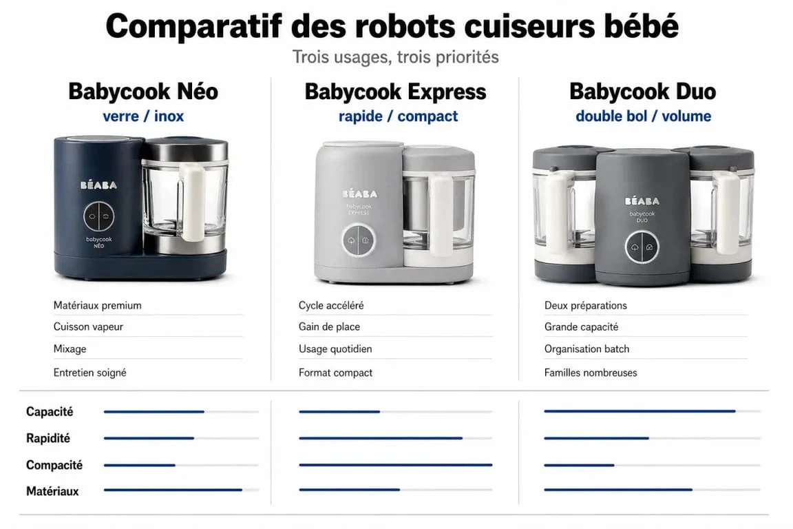 Comparatif des modèles de robots cuiseurs Babycook pour bébé : Néo, Express et Duo.