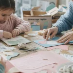 Faire des activités manuelles : enfants et adulte collent une carte, atelier papier