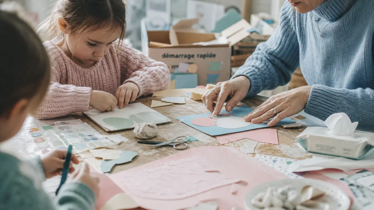 Faire des activités manuelles : enfants et adulte collent une carte, atelier papier