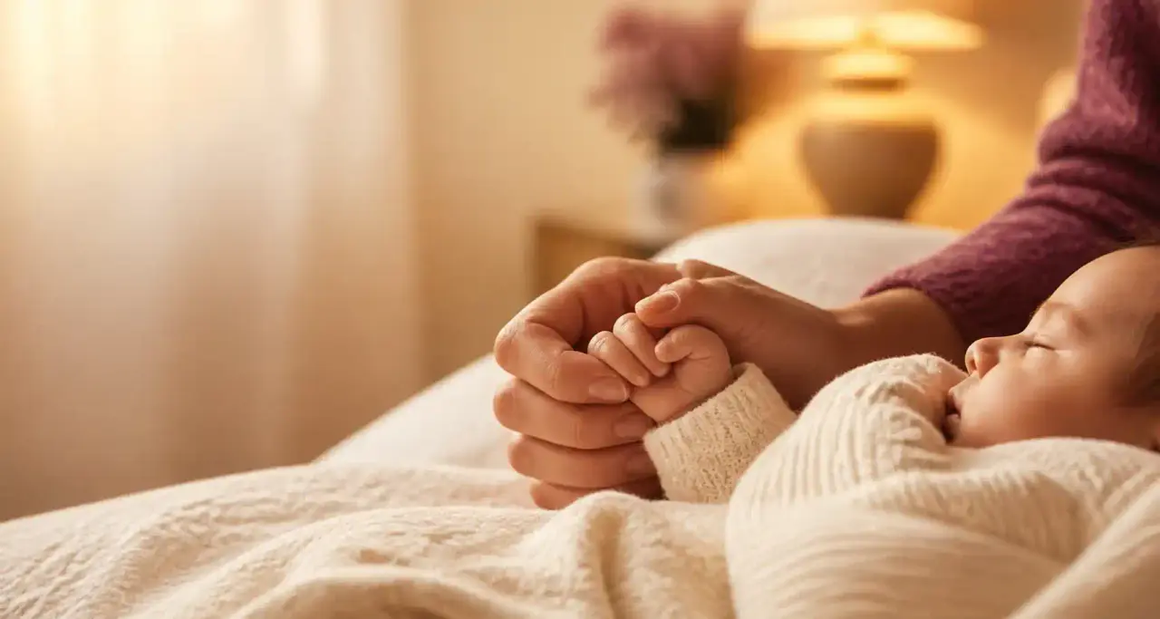 Parent tenant délicatement la main d'un bébé endormi, ambiance douce et rassurante