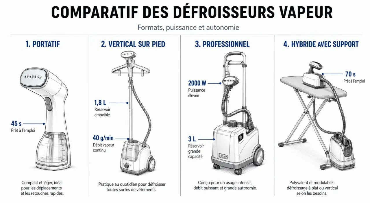Comparatif défroisseur vapeur avec les principaux types d’appareils et leurs critères clés