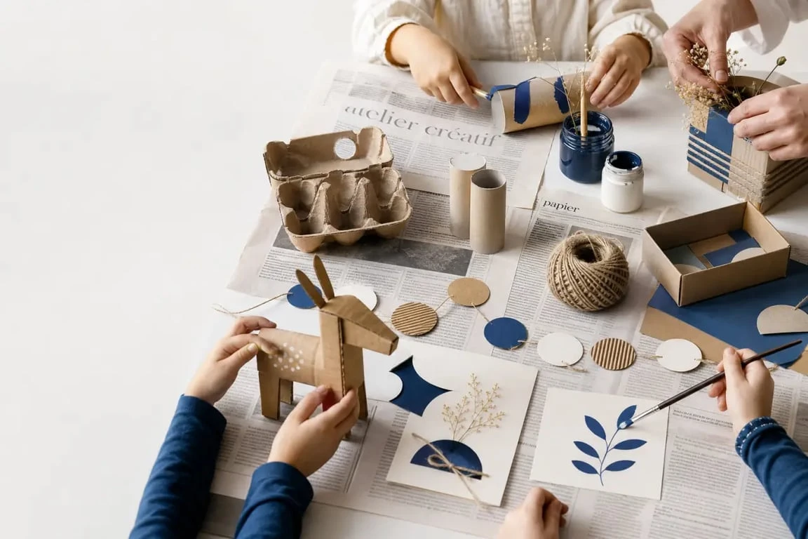 Idée d'activités manuelle : atelier créatif avec papier, carton et matériaux de récupération sur une table
