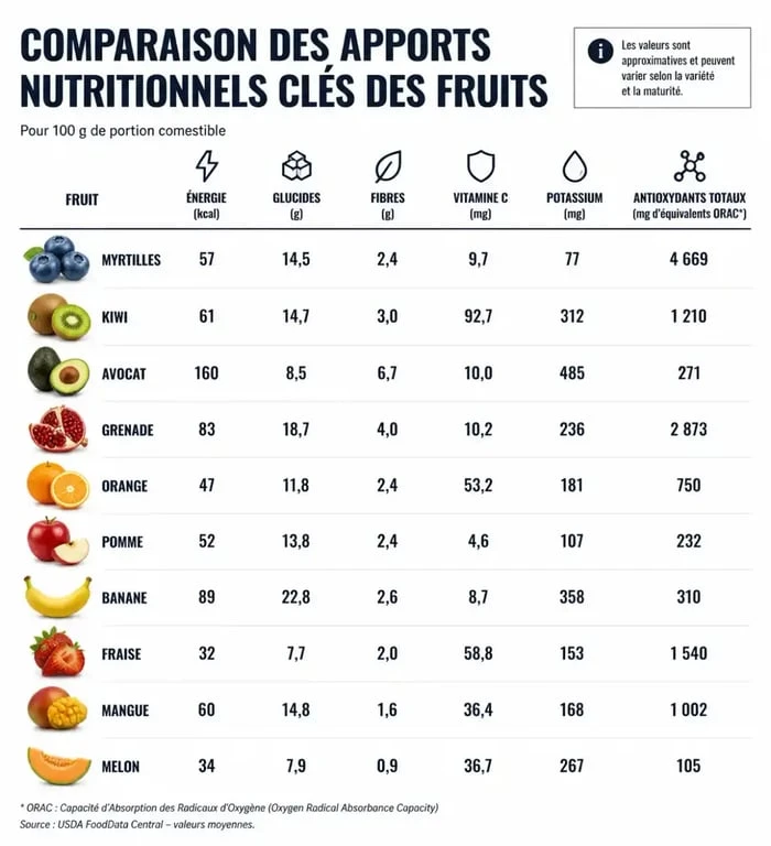 Infographie des meilleurs fruits pour la santé et leurs apports nutritionnels