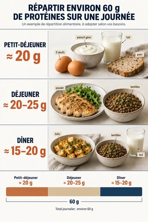 Infographie pour comprendre comment manger 60 g de protéine par jour et les répartir entre les repas