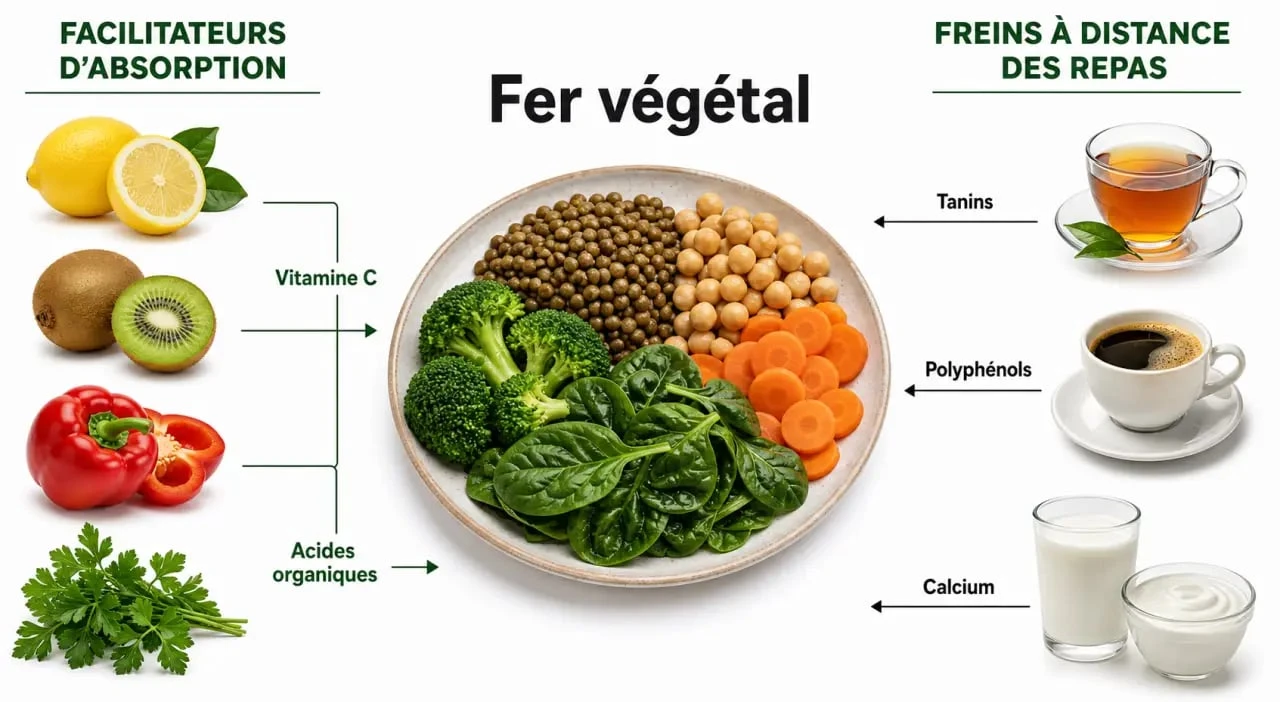 fruits et legumes riches en fer : schéma des associations qui améliorent l’absorption du fer végétal