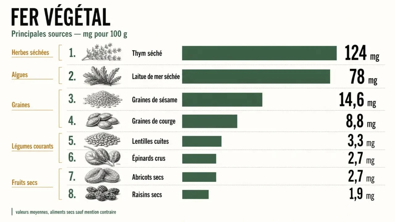 fruits et legumes riches en fer : infographie des meilleures sources végétales classées par teneur en fer