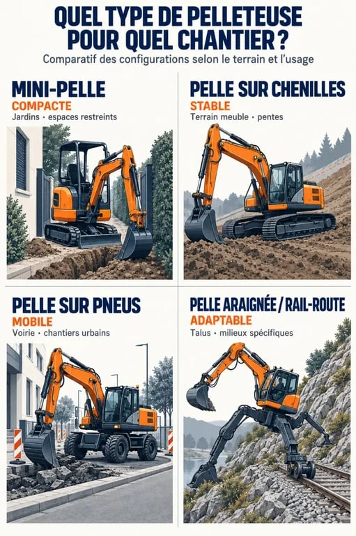 Infographie comparative des types de pelleteuses selon le terrain et les usages