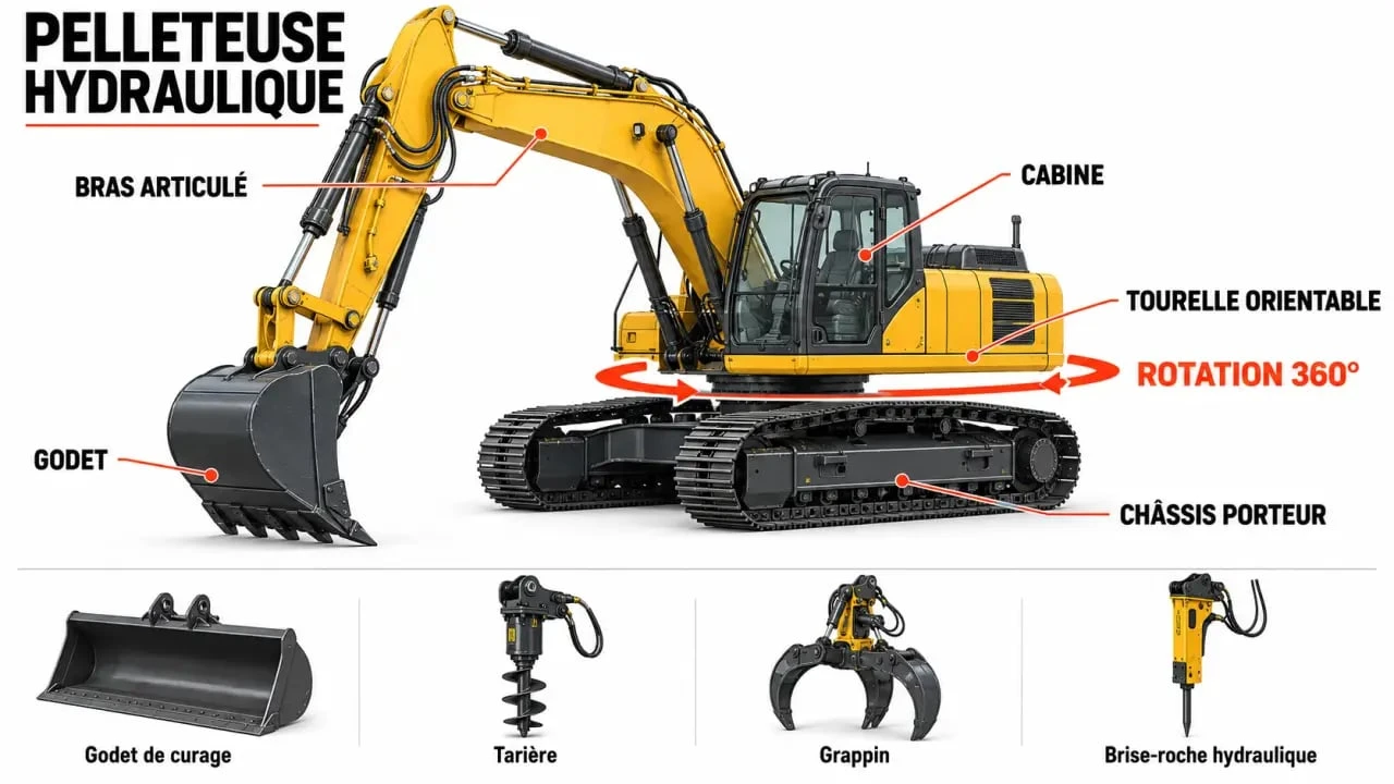Schéma explicatif d'une pelleteuse hydraulique et de ses principaux composants