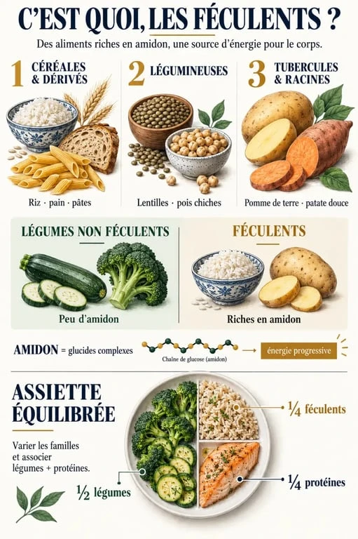 C’est quoi les féculents : infographie des céréales, légumineuses, pommes de terre et légumes