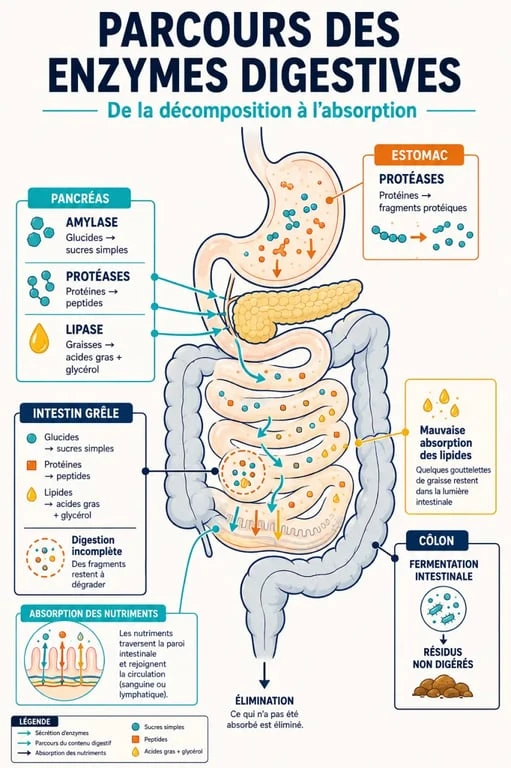 Schéma explicatif des mécanismes associés aux symptômes du manque d enzymes digestives