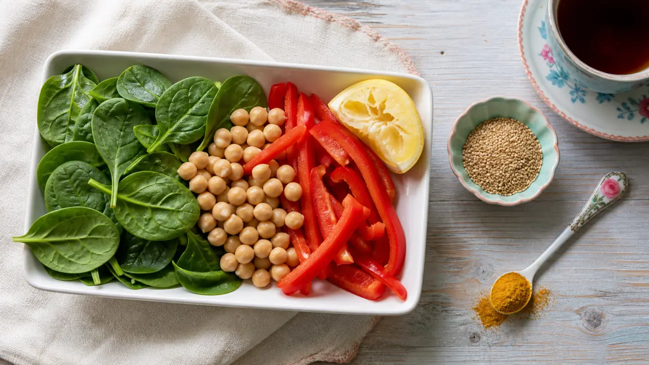 Fruits et legumes riches en fer : épinards, pois chiches et poivron